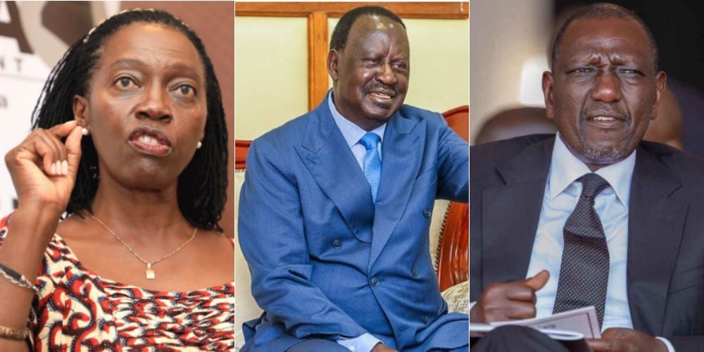 A collage of PLP leader Martha Karua, former Prime Minister Raila Odinga, and President William Ruto.